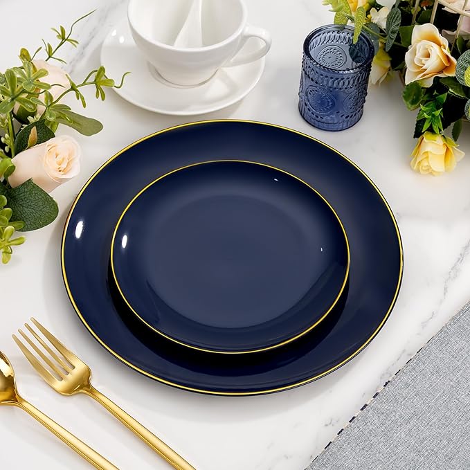 bUCLA 150PCS Blue and Gold Plastic Plates - 25 Guests Navy Blue Plastic Dinnerware Disposable for Party and Passover - Include 25 Dinner/Dessert Plates, 25 Knives, 25 Forks, 25 Spoons, 25 Cups
