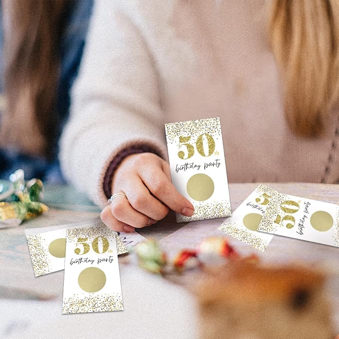 REWIDPARTY White Gold 50th Birthday Party Scratch Off Game Cards（32 PCS）Happy 50th Birthday Party Scratch Cards Cheers to 50 Years Party Supplies Activity for Birthday Raffle Tickets Kids Adults