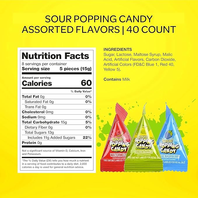 Sour Popping Rocks - 40 Mini Packs - Easter Candy - Sour Popping Candy Individually Wrapped - Easter Eggs Fillers - Assorted Fruit Flavors - Party Favors