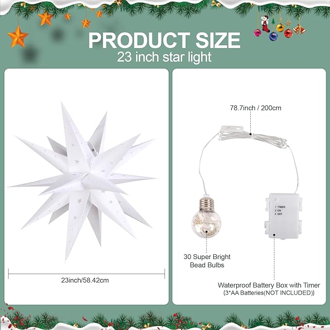 23" White LED Moravian Star Outdoor Light,Waterproof 3D Christmas Tree Topper Lamp with Timer Function,Hanging Outdoor Christmas Light for Holiday Porch Room Party Decoration (23 inch)