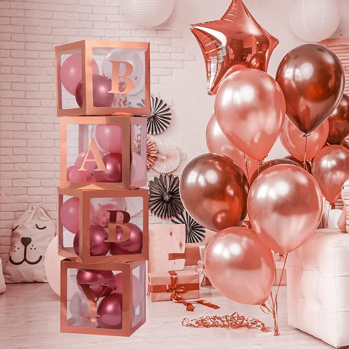 Baby Boxes with Letters for Baby Shower, 4 Transparent Balloon Boxes for Gender Reveal, Wedding, Birthday Decorations (Rose Gold)