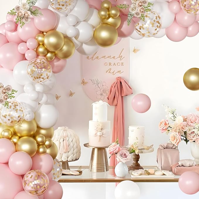 Pink and White Balloon Arch Kit, 138 Pcs Pink and Gold Balloon Garland Arch Kit Include Pastel Pink White Gold Confetti Balloons for Birthday Baby Shower Wedding Bridal Shower Party Decorations