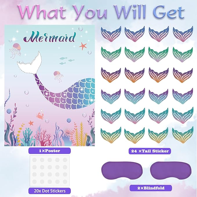 Pin The Tail on The Mermaid Party Game with 24 PCS Tails for Kids Girls Birthday 21'' x 28'' (Mermaid)