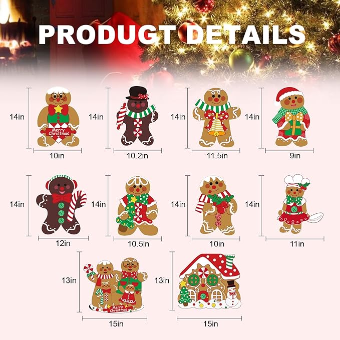 10 Pack Gingerbread Christmas Decorations, Christmas Gingerbread Man Yard Signs - Outdoor Lawn Decorations with Stakes, Holiday Pathway Markers for Garden, Patio, Xmas Party Decor