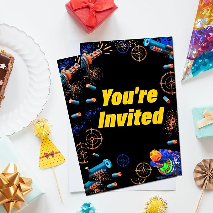 Soiceu Nerf War Birthday Invitations Dart Gun Battle Boys Party Invites with Envelopes Set of 20