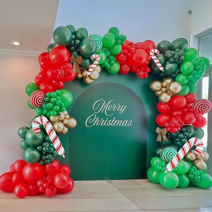Christmas Balloon Arch, Red Green Xmas Balloon Garland Kit with Foil Candy Cane Lollipop Swirl Candy Balloons, Red Dark Lime Green Balloons for Merry Christmas Party New Year Holiday Birthday Decor