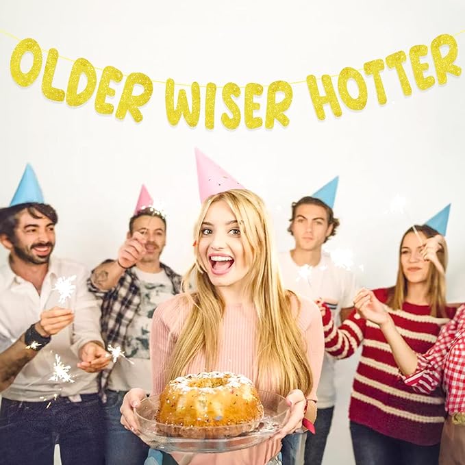 Pre-Strung Happy Birthday Banner Birthday Sign NO DIY Glitter Older Wiser Hotter Banner for Women Men 30th 40th 50th 60th 70th 80th Funny Gold Birthday Decorations (Gold)