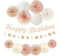 Champagne Rose-Gold Beige Birthday Party-Decorations - 14pcs Happy Banner Boho Lanterns Tissue Pom Poms,Rustic Streamers Garland Fans,Neutral One Sweet Peach Girls Women Hanging Supplies Decor Hugfond