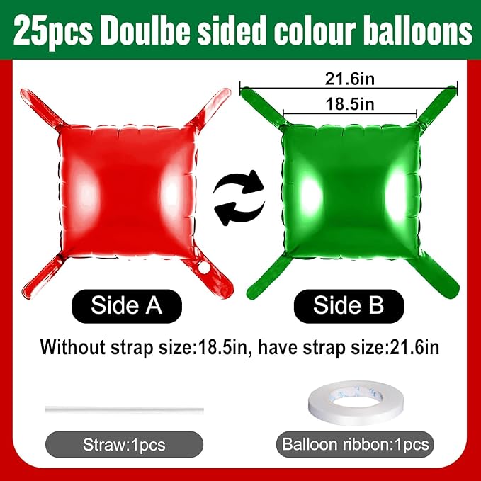 25Pcs Red and Green Square Foil Balloons Wall Backdrop, Double Sided Metallic Foil Balloons Tunnel Arch Garland Kit for Photo Booth Birthday Wedding Graduation Halloween Party Decorations