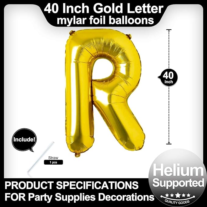 40 Inch Gold Letter R Balloons, DIY Phrase Foil Alphabet Letter R Balloons DIY Word R Banner for Birthday Anniversary Celebration Graduation Party Supplies Decoration