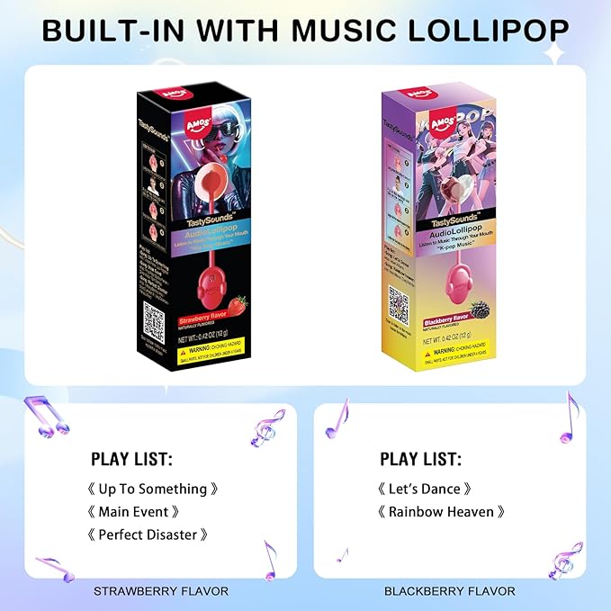 AMOS TastySounds Audio Lollipop 2-Pack Combo - Strawberry & Blacberry Flavors, Bone Conduction Music Candy with Earbud Design