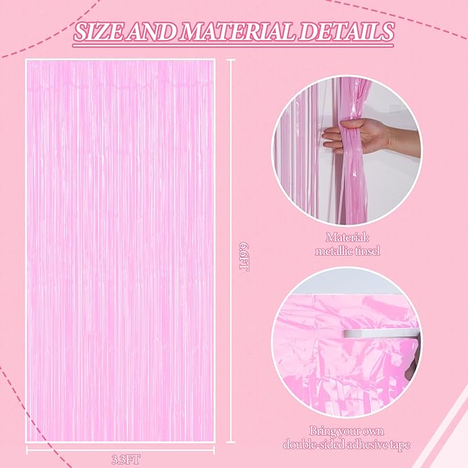 2 Pack Foil Fringe Backdrop - Pastel Pink Shiny Tinsel Curtains for Party Decoration/Photo Booth Props - 3.3x6.6 FT Metallic Foil Backdrop for Birthday, Wedding, Graduation, Christmas.