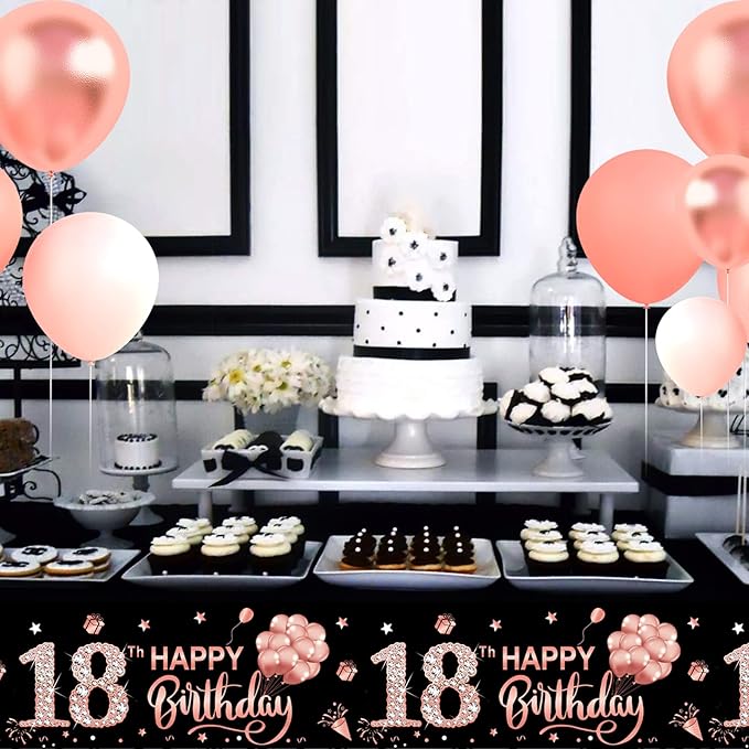 3 Pack 18th Birthday Tablecloth Decorations, Rose Gold Happy Eighteen Theme Table Cover, Plastic Disposable Rectangular Table Cloth Decor