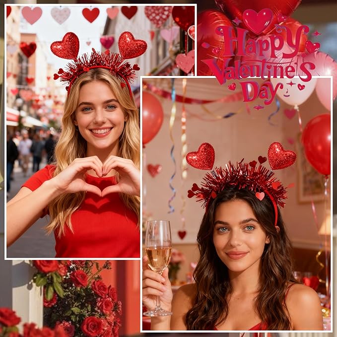 Valentines Headband with Red Heart Designs Sequin Heart Hair Accessories Shiny Red Tassel Head Bopper Romantic Valentines Headbands for Valentines Lover Party Hair Accessory Supplies 1pcs
