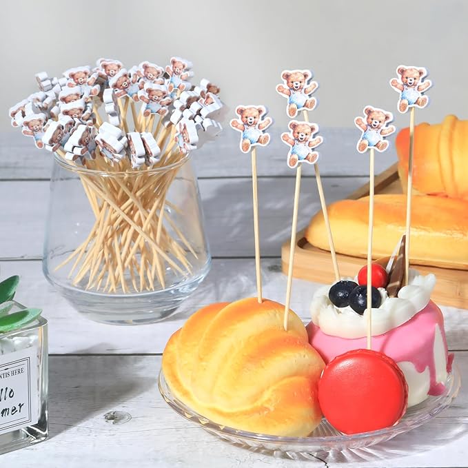 100Pcs Bear Theme Cocktail Picks We Can Bearly Wait Baby Shower Decor Long Toothpicks Fruit Sticks Skewers for Appetizer Charcuterie Food Garnish, Teddy Bear Themed Decorations Birthday Party Supplies