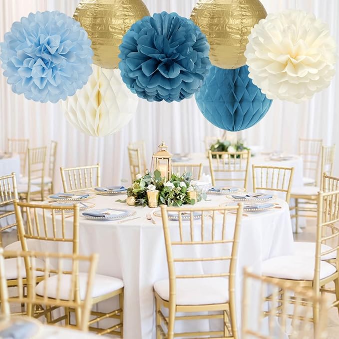 Dusty Blue Champagne Gold Beige Paper Flowers Tissue Pom Poms Honeycomb Lanterns 15pcs Party Decorations Boy Birthday Wedding Baby Bridal Shower Hanging Supplies Mprocherify