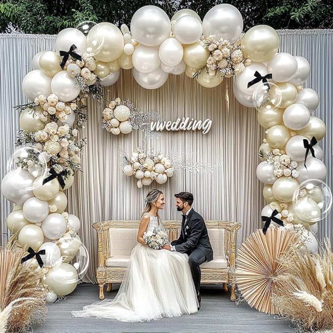 White Balloon Garland Arch Kit, Double Stuffed Cream Ivory Sand White Pearl Balloons with Bow Clear Balloon for Bridal Wedding Baby Shower Birthday Valentine‘s Day Party Decorations