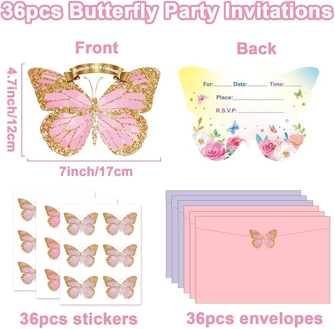 Qyeahkj 36pcs Butterfly Birthday Invitations for Girls with Envelopes Stickers Cards Floral Butterfly Party Celebration Party Supplies Favors for Kids Boys Baby Shower Wedding Decorations