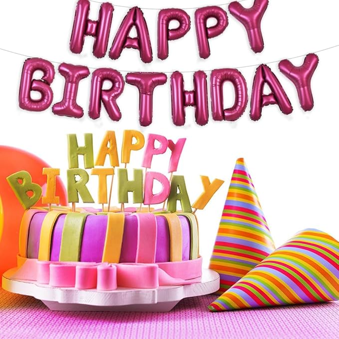 TONIFUL Happy Birthday Balloons Banner with Ribbon Straw,16 Inch Mylar Letters Birthday Sign Banner Balloon Bunting Reusable for Kids & Adults Construction Birthday Party Supplies（Wine Red）