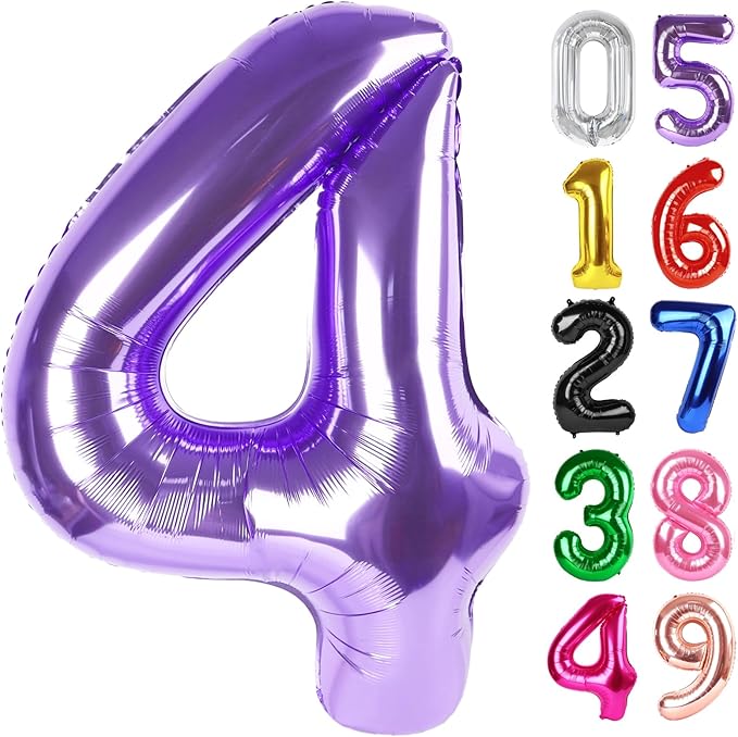 Purple Number 4 Balloon 40 Inch, 4th Birthday Party Decorations for Children, Giant 4 Foil Balloon for Party Supplies