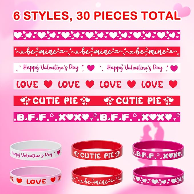 Valentine's Day Rubber Bracelets Bulk - 30PCS Valentines Day Gifts for Kids Valentines Party Favors Supplies Silicone Wristbands Goodie Bag Stuffers Treats Classroom Prizes Accessories Decorations