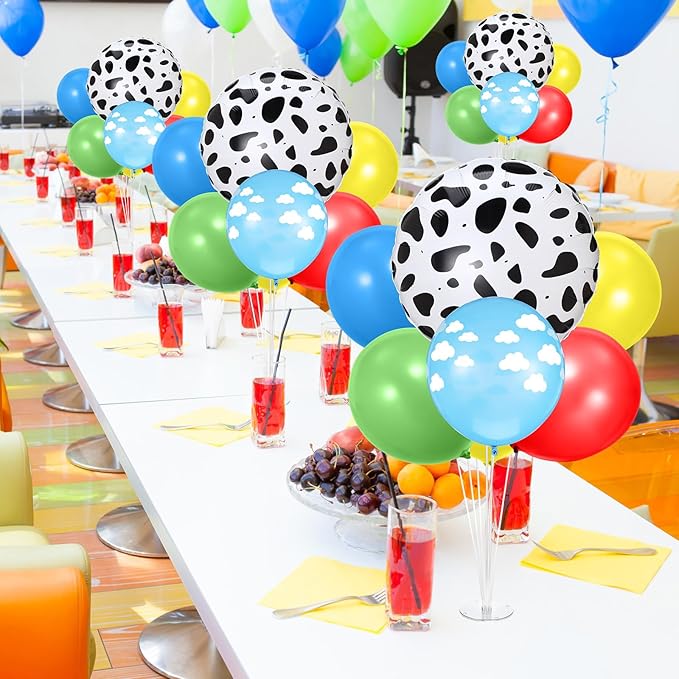 4 Sets Cartoon Birthday Party Decorations Table Centerpiece Red Yellow Blue Green Balloon Stand Kit with Cloud Cow Print Foil and Latex Balloon for Baby Shower Farm Animals Wedding Supplies