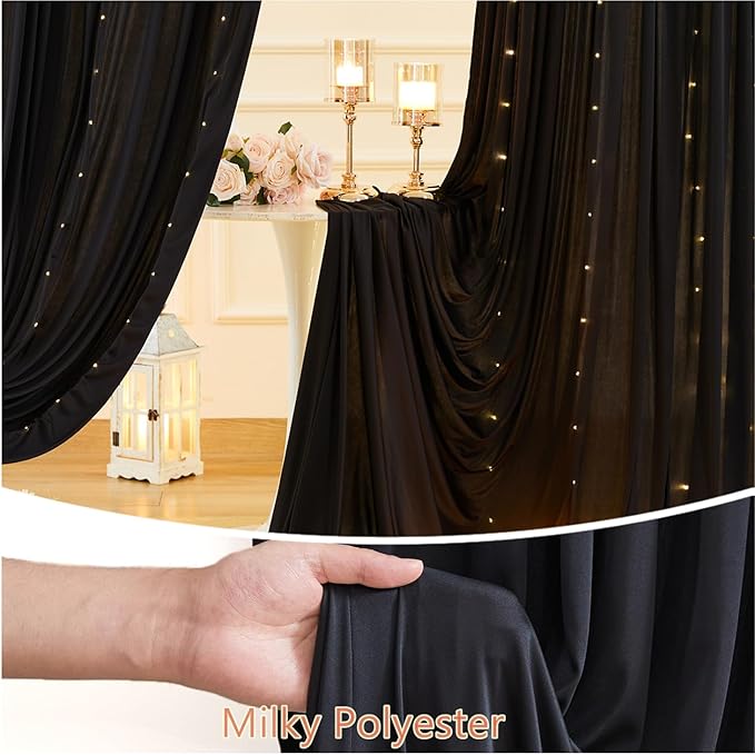 10 x 10ft Black Backdrop Curtains with Lights String for Birthday Party Spandex Photo Background Drapes Wrinkle Free Curtains Backdrop for Party Wedding Reception Baby Shower Ceremony-5 x 10ft x 2P