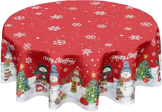 Christmas Round Tablecloth 70 Inch Xmas Snowman and Snowflake Pattern Circle Table Cloth Winter Table Cover Washable Polyester Decor for Home Kitchen Dinning Party