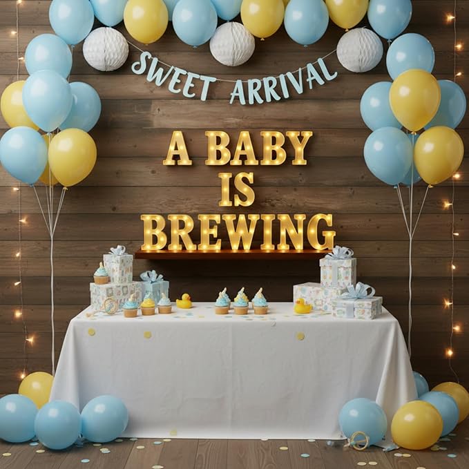 Honoson 14 Pcs a Baby Is Brewing Baby Shower Party Decorations, LED Letter Lights Sign, Table Decor for Gender Reveal, Welcome Boy or Girl, Diaper Party Supplies