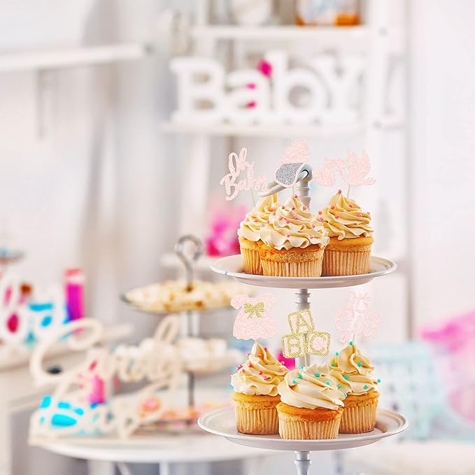24Pcs Oh Baby Cupcake Toppers It's a Girl Cupcake Toppers with Bow Dress Bottle Swan Light Pink Glitter Babyshower Gender Reveal Cake Picks Decorations for Baby Shower Girl Birthday Party Supplies