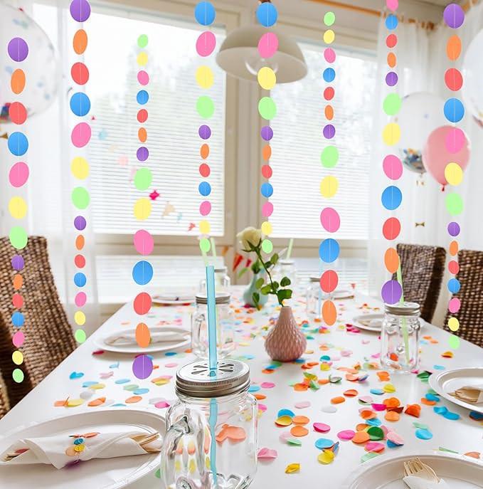 MIAHART 52 Feet Circle Dots Garland Lavender Paper Garland for Birthday Bridal Wedding Baby Shower Christmas Valentine Day Lilac Theme Party Decorations (Rainbow)