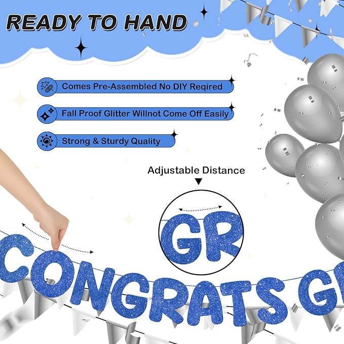 Fulmoon Pre Strung Congrats Grad Banner Glitter Congratulations Banner College Graduation Sign Class of 2026 Grad Party Decorations for High School University Graduation Party Favor(Dark Blue)
