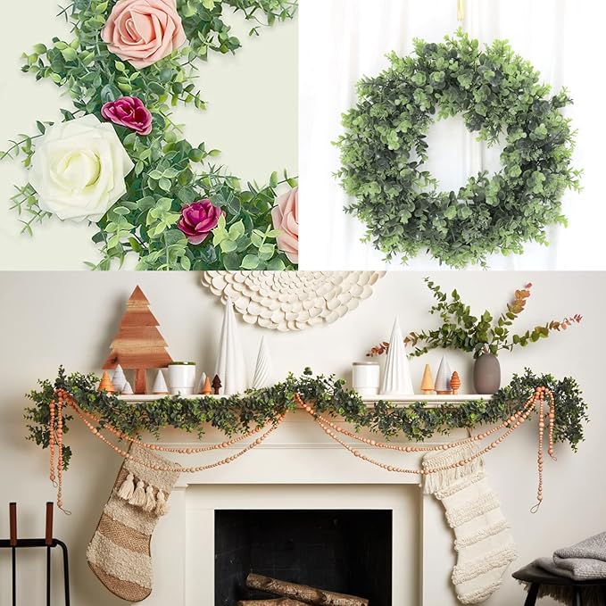 Leyaron 3 Pack Eucalyptus Garland Spring Artificial Greenery Garland 17.7 Ft Fake Vines Hanging Plants Faux Wedding Backdrop Arch Wall Greenery Decor for Home Wedding Party Mantle Table Decor