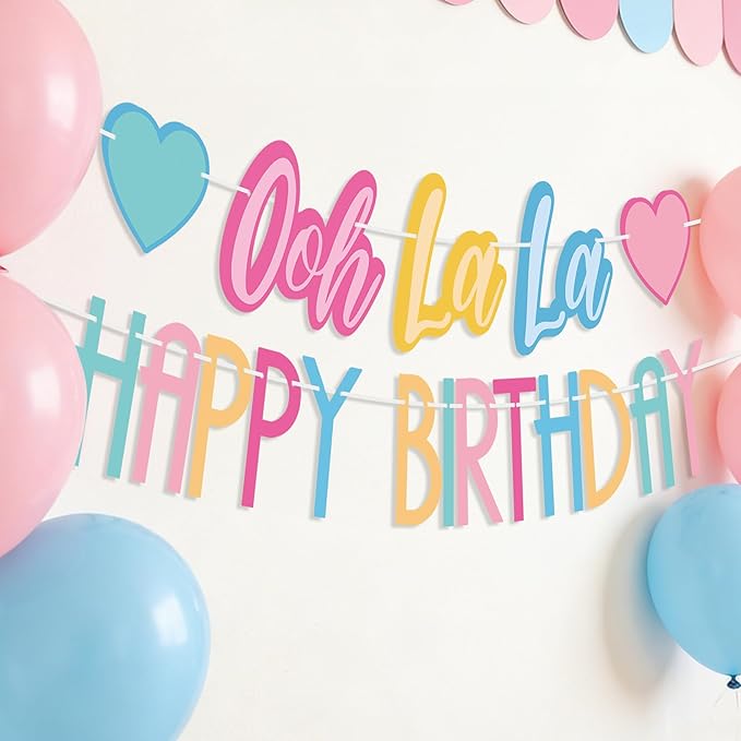 2PCS Ooh La La Birthday Banner, Colorful Fancy Pre-Strung Garland, Fancy Party Decorations for Birthday, Tea Party, Baby Shower Supplies