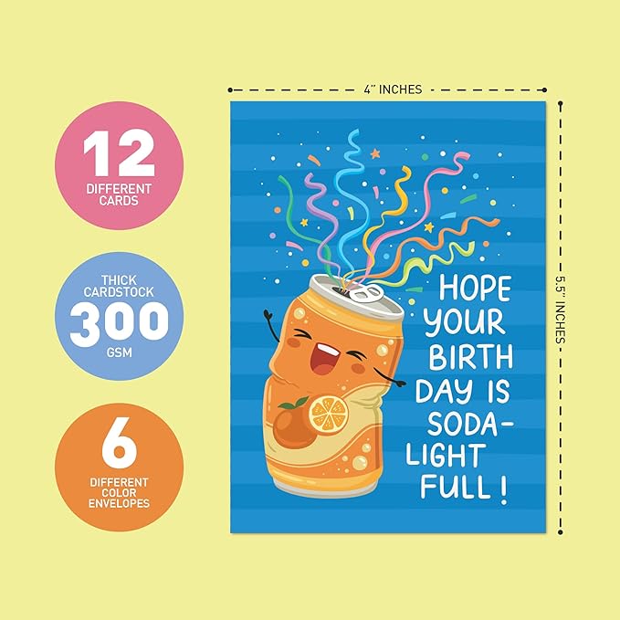Sweetzer & Orange Funny Birthday Cards Bulk Set – 24 Punny Cards (12 Designs, 2 Each) with 24 Colorful Envelopes & Storage Box – Funny Messages – Cute Birthday Cards for Kids, Adults, Friends & Family