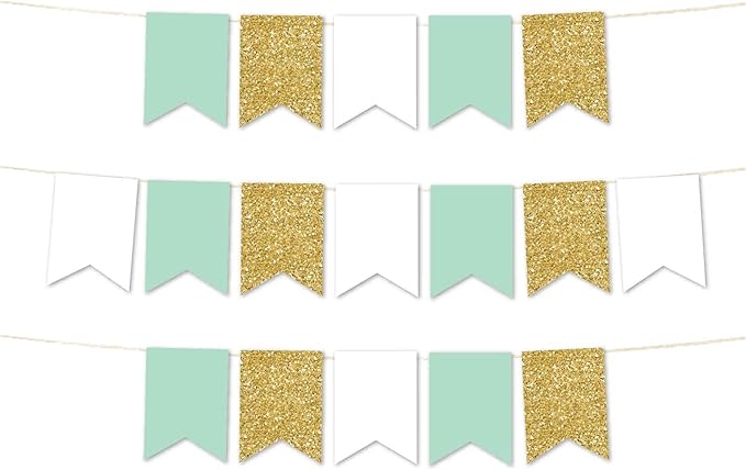 Andaz Press Hanging Pennant Banner with String, Mint Green, White, Faux Gold Glitter, 1-Set, 24 Pennants, Approx. 12-Feet Long, Baby Baptism Theme Colored Supplies