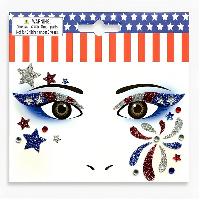 2 Sheets USA Flag & Stars Glitter Face Tattoo Jewelry, 4th of July Celebration Face Gems with Assorted Designs, Sparkle Red Blue Glitter in Independence Day, Parades, Parties & More (style4)