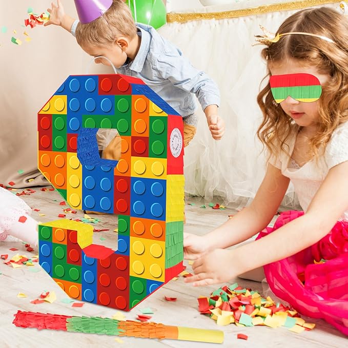 Number 9 Pinata Building Blocks 9th Birthday Party Decorations with Pinata Stick Blindfold for Kids Happy Birthday Building Block Theme Party Supplies for Boys Girls (16 x 10.6 x 3 In)
