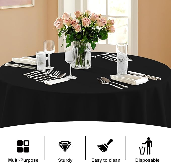 12 Pack Premium Black Plastic Table Cloth -96 Inch Round Tablecloth, Disposable Tablecloth Plastic Table Cover for Parties (12, Black, 96" Round)