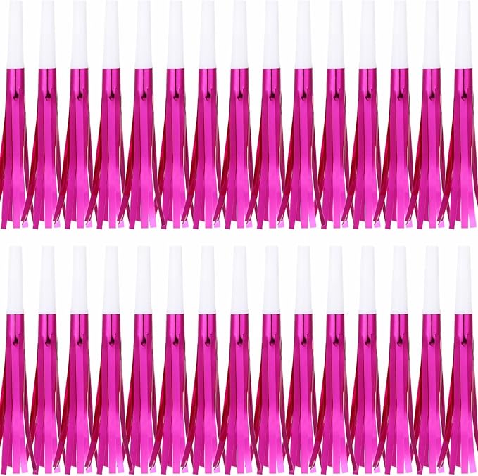 30 Pcs Gold Noise Makers, Metallic Fringed Noise Makers for New Year Party Favor Supplies, Rose Red