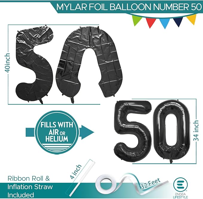 40 Inch Large Black Number Celebration and Decoration Balloon for Birthday Parties, Graduations, Anniversaries, Weddings, Photo Shoots, Special Events - Helium Foil Mylar (Black Number 50)