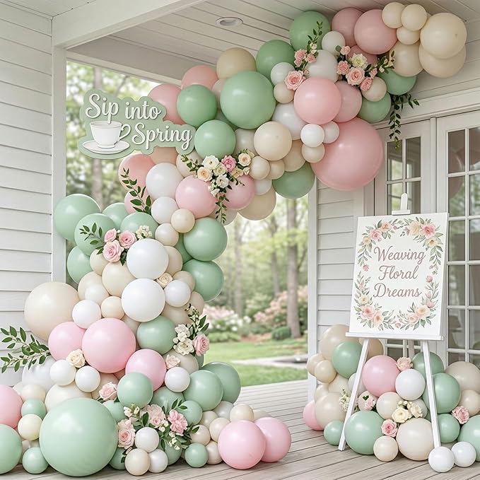 Pastel Pink and Green Balloon Garland Arch Kit 143 Pcs Light Pink Sand White mint Sage Green Balloons for Girl Baby Shower spring Fairy Girls 1st Birthday Party Decorations