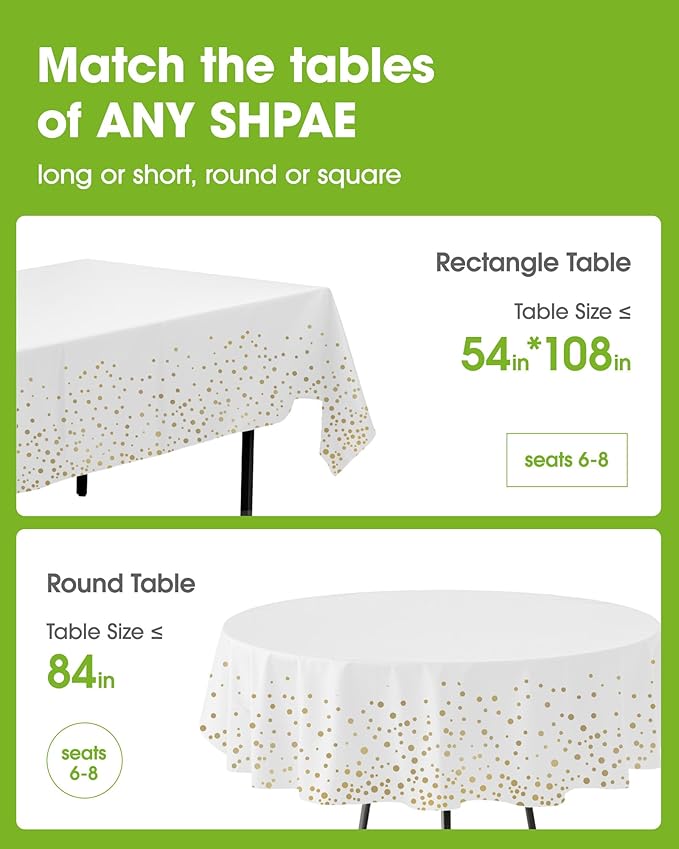 Pureegg Plastic Table Cloth Disposable 8 Pack, 54 x 108 Inch Table Cloths, Graduation Decorations Class of 2026, Graduation Tablecloths, Rectangle, Plastic Cover, Leakproof & Sturdy, White and Gold