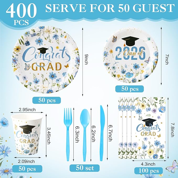 400 Pcs Class of 2026 Blue Floral Graduation Decoration for 50 Guests, Light Blue Gold Flower Graduation Paper Plates Napkins Cups Cutlery Grad Tableware for 2026 Congrats Grad Party Supply