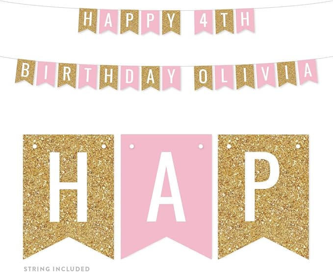 Andaz Press Personalized Hanging Pennant Banner Party Decorations, Gold Glitter, Blush Pink, Happy 4th Birthday Olivia, 1-Pack, Approx. 5-Feet, Custom Name and Number
