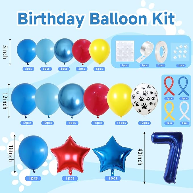 7th Birthday Decorations Boy, Dog Paw Seven Years Old Party Arch with Red Blue Yellow Long Latex Balloons 40 inch Number 7 Balloon and Star Foil for Paw Birthday Party Supplies