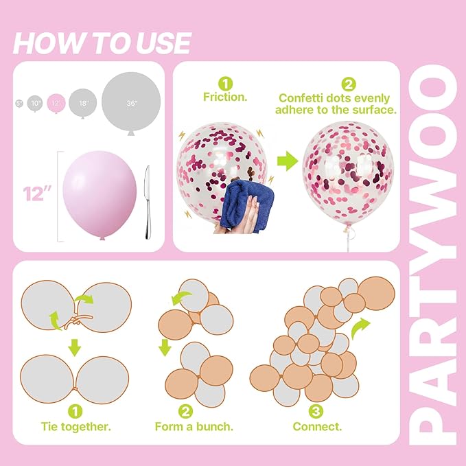 PartyWoo Baby Pink Balloon Arch Kit Garland 152pcs Different Sizes of 18 12 10 5 Inch White Light Pastel Pale Metallic Pink Confetti Balloons for Baby Shower Princess Birthday Party Decorations