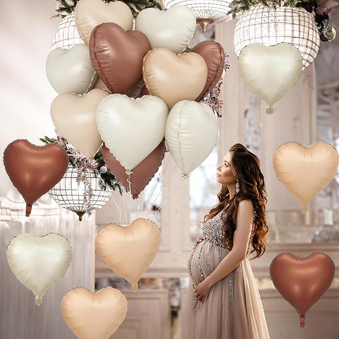 Cream Brown Heart Balloons, 12Pcs Brown Apricot Foil Balloons, Beige Coffee Foil Heart Shape Foil Balloon 18 Inch Nude Neutral Helium Foil Balloon for Boho Birthday Baby Shower Wedding Valentine