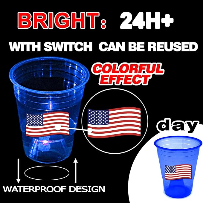 mishunyus 40 Pcs Glow Patriotic Party Decorations, 4th of July Party Cups Pack, USA Citizenship Party Supplies for Memorial Day, Independence Day, Veterans Day(16 oz)