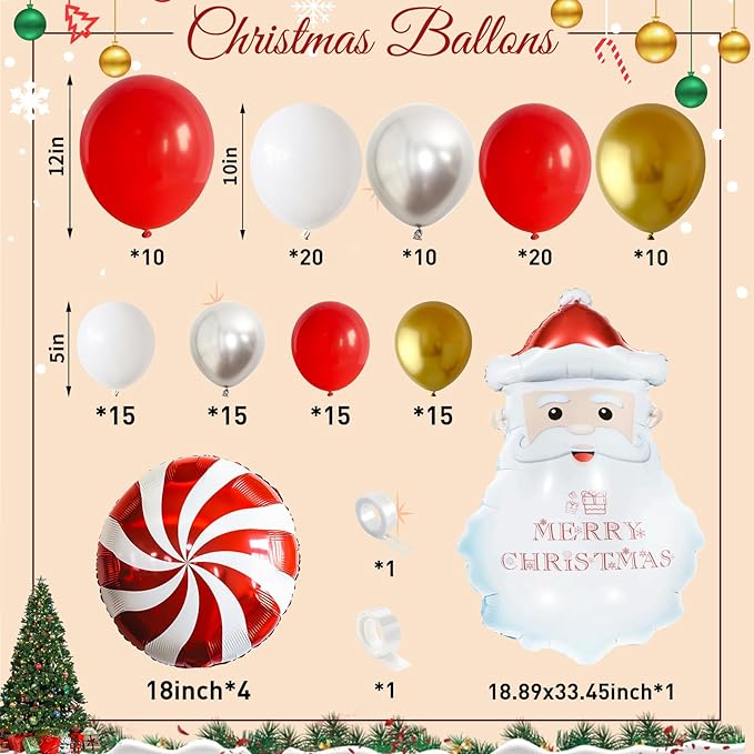 Christmas Balloon Arch Garland Kit, 135Pcs Red White Gold Silver Xmas Balloon with Candy Santa Claus Foil Balloons for Merry Christmas Holiday Birthday Baby Shower Winter New Year Party Decorations